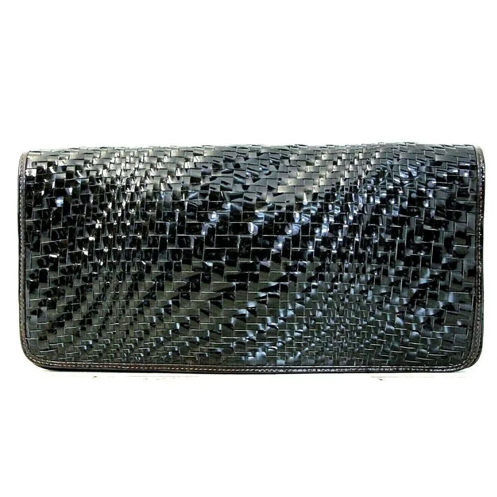 7.2"x14.5" Cole Haan PATENT BROWN WOVEN GENUINE LEATHER FLAP LRG CLUTCH HANDBAG